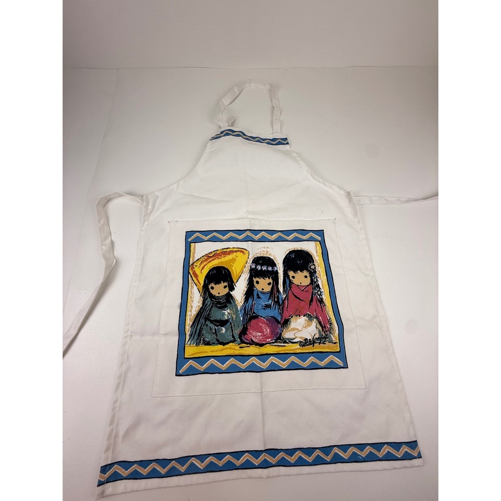 Vintage DeGrazia Southwest Art Apron Three Little Girls White Cotton Canvas